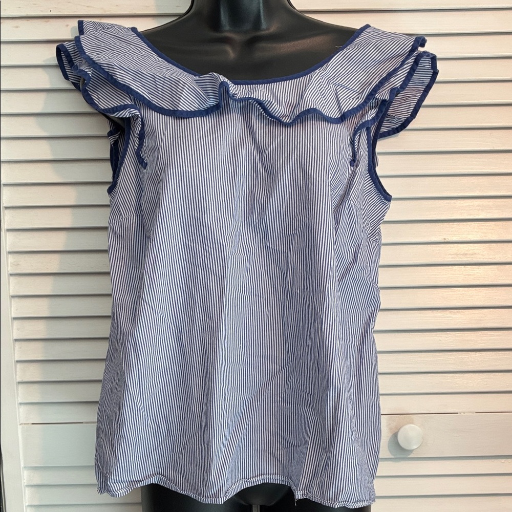 crown & ivy Blue Pinstripe Ruffle Blouse